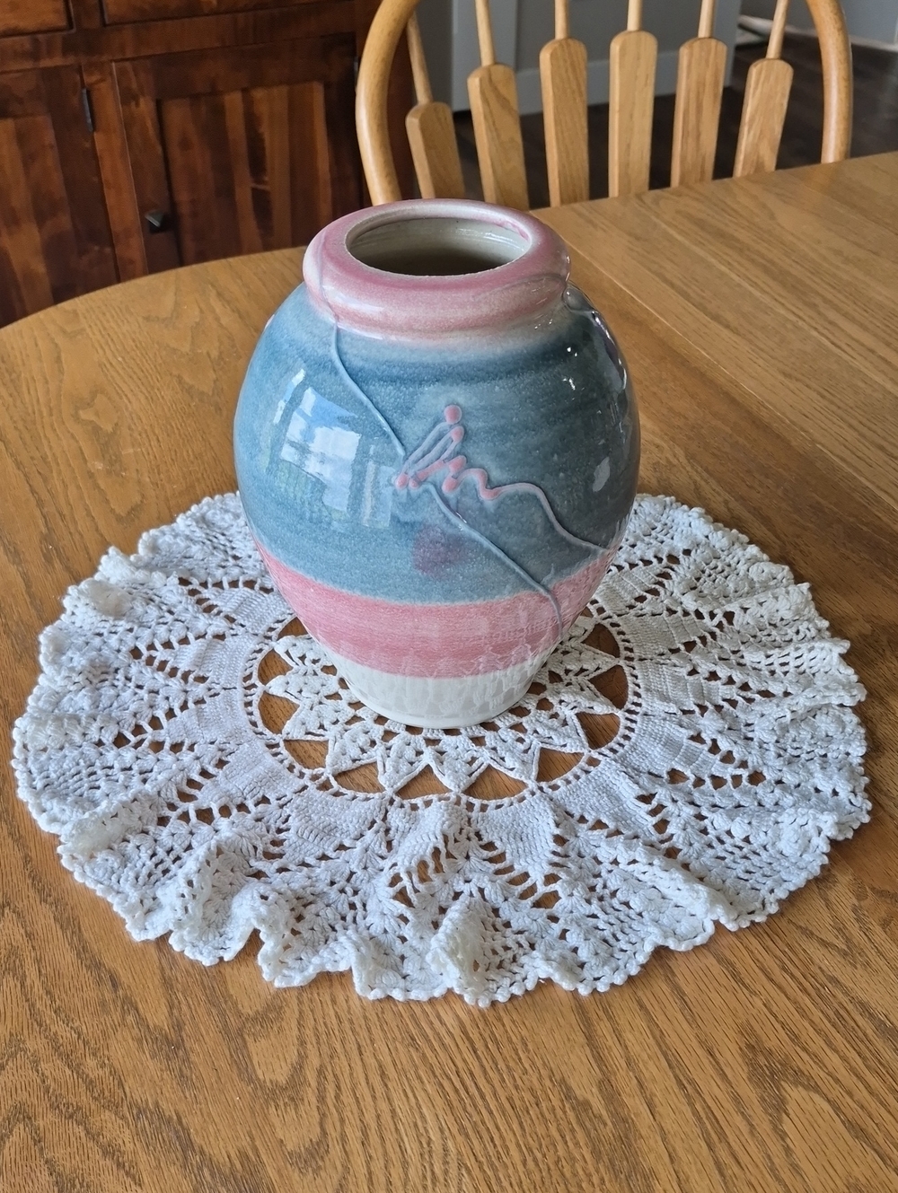Handcrafted Vintage Ceramic Vase in Blue and Pink With Giant Doily